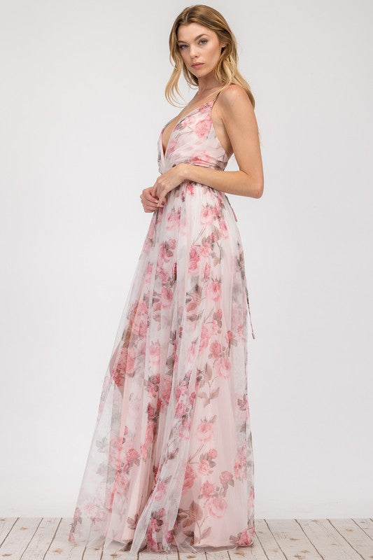 Lace Floral Maxi Dress Pink