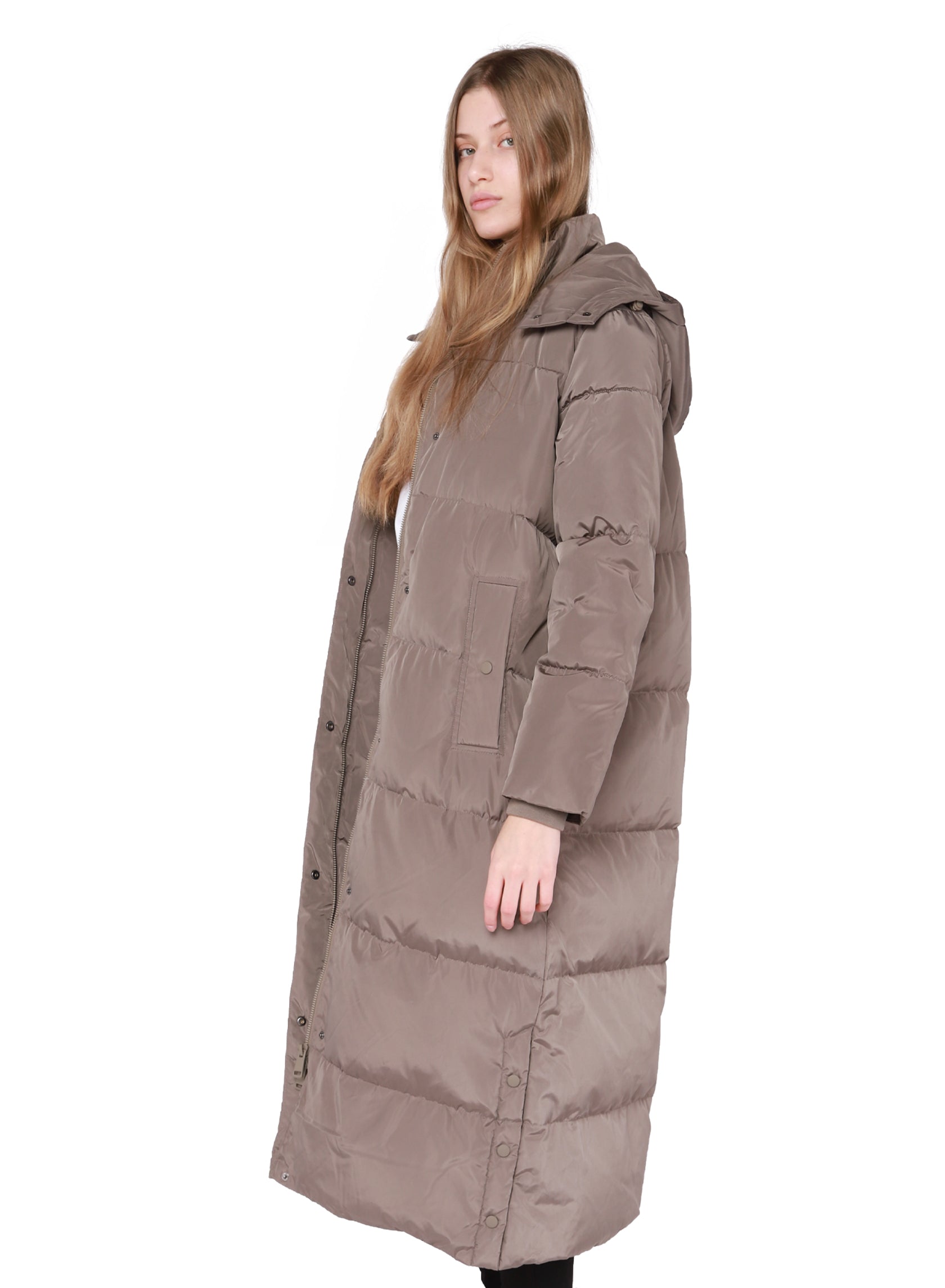 Hooded Longline Side Buttoned Slit Puffer