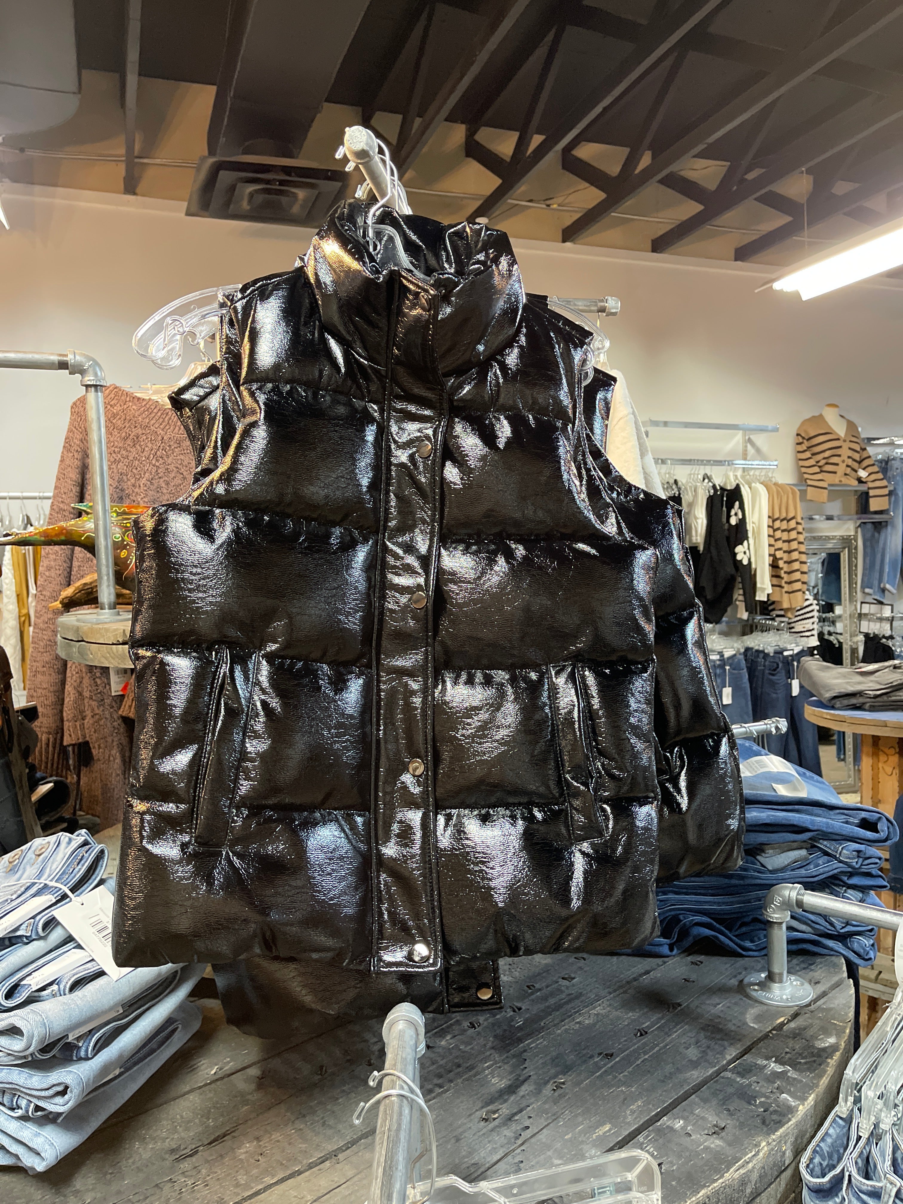 Hooded Faux Leather Puffer Vest