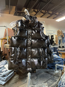 Hooded Faux Leather Puffer Vest