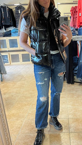 Hooded Faux Leather Puffer Vest