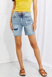 High Waist patched mid length shorts