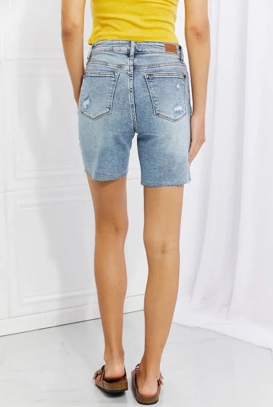 High Waist patched mid length shorts