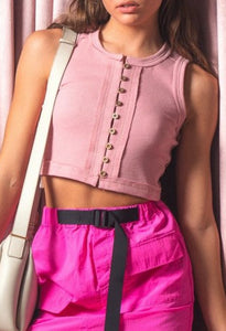 Button Ribbed  Crop Tank